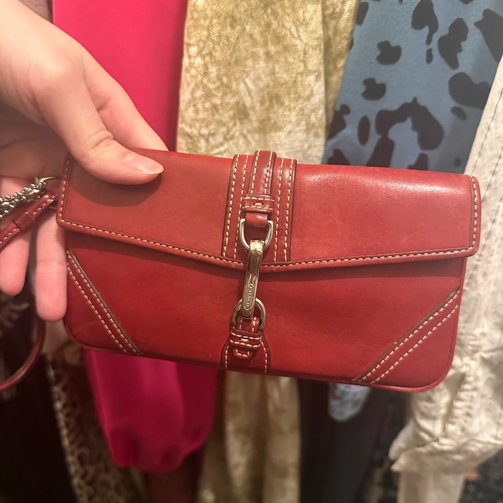 Coach Red Leather Wristlet with Buckle Detail